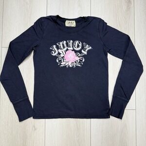 Y2K Juicy Couture Size M Black‎ Long Sleeve Tee Pink Rose Logo Graphic Cotton